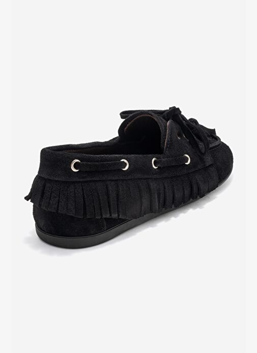 FENORA Siyah Süet Hakiki Deri Saçaklı Püsküllü Kadın Loafer Ayakkabı - Görsel 6