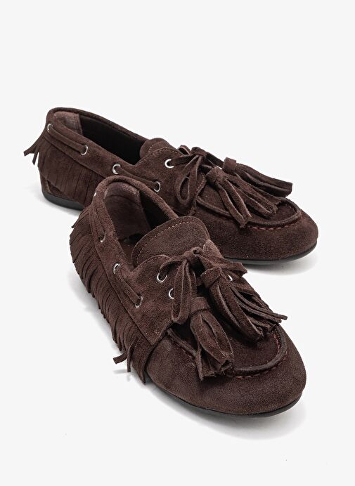 FENORA Kahverengi Süet Saçaklı Püsküllü Kadın Loafer Ayakkabı - Görsel 2