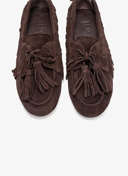 FENORA Kahverengi Süet Saçaklı Püsküllü Kadın Loafer Ayakkabı - Görsel 3