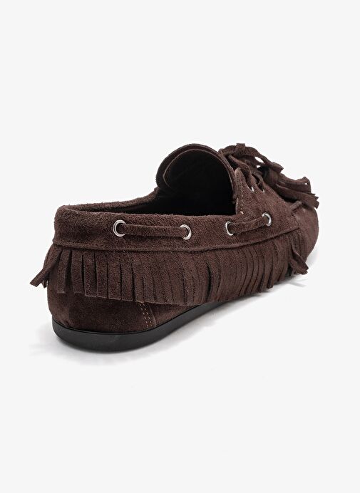 FENORA Kahverengi Süet Saçaklı Püsküllü Kadın Loafer Ayakkabı - Görsel 6