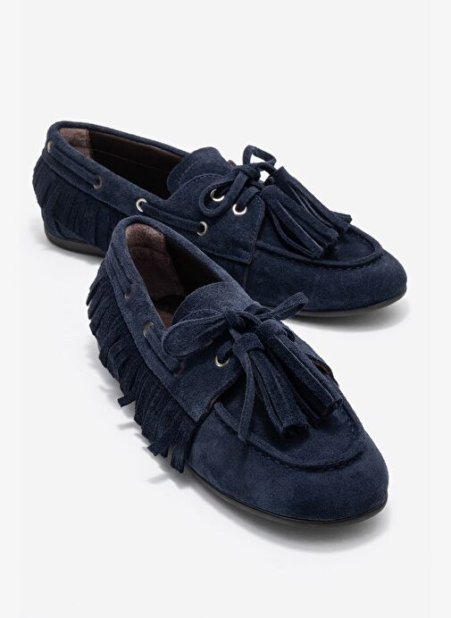 FENORA Lacivert Süet Hakiki Deri Saçaklı Püsküllü Kadın Loafer Ayakkabı - Görsel 2