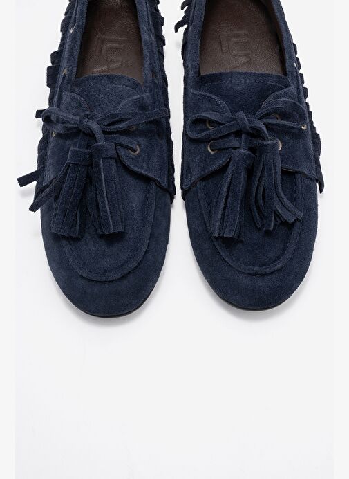 FENORA Lacivert Süet Hakiki Deri Saçaklı Püsküllü Kadın Loafer Ayakkabı - Görsel 3