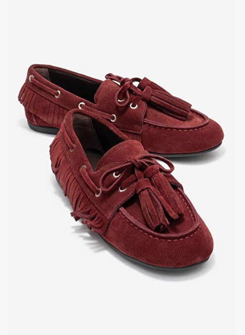 FENORA Bordo Süet Hakiki Deri Saçaklı Püsküllü Kadın Loafer Ayakkabı - Görsel 2