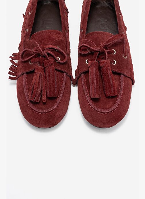 FENORA Bordo Süet Hakiki Deri Saçaklı Püsküllü Kadın Loafer Ayakkabı - Görsel 3