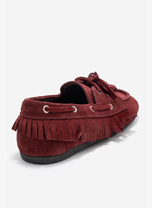 FENORA Bordo Süet Hakiki Deri Saçaklı Püsküllü Kadın Loafer Ayakkabı - Görsel 6