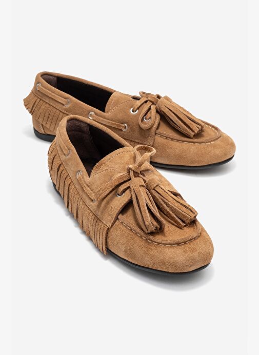 FENORA Toprak Süet Hakiki Deri Saçaklı Püsküllü Kadın Loafer Ayakkabı - Görsel 2