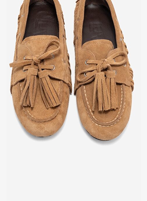 FENORA Toprak Süet Hakiki Deri Saçaklı Püsküllü Kadın Loafer Ayakkabı - Görsel 3