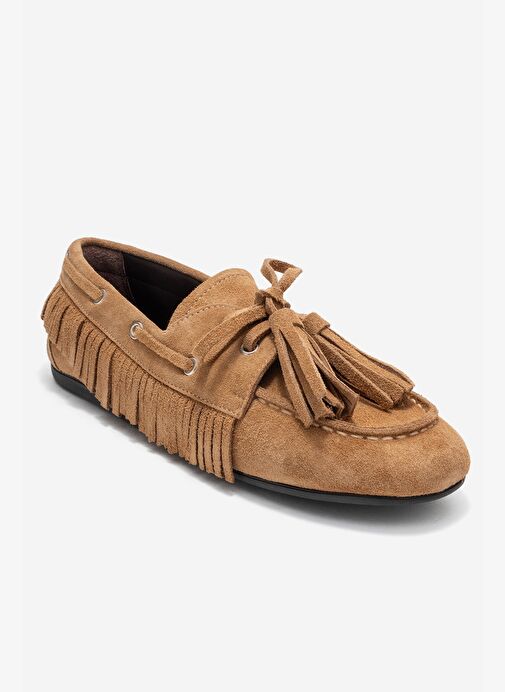 FENORA Toprak Süet Hakiki Deri Saçaklı Püsküllü Kadın Loafer Ayakkabı - Görsel 4