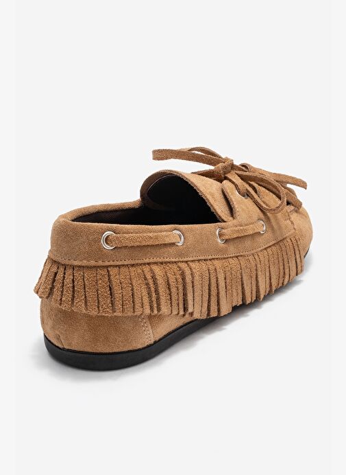 FENORA Toprak Süet Hakiki Deri Saçaklı Püsküllü Kadın Loafer Ayakkabı - Görsel 6