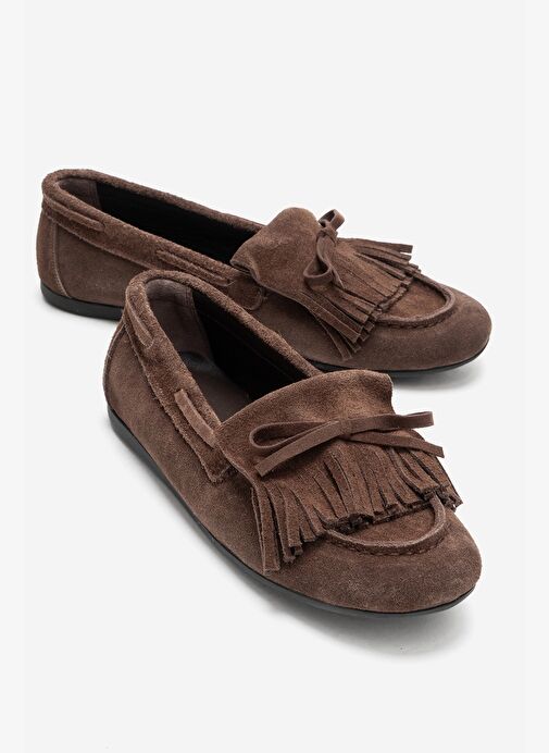 AXELI Açık Kahverengi Süet Hakiki Deri Fiyonklu Saçaklı Kadın Loafer Ayakkabı - Görsel 2