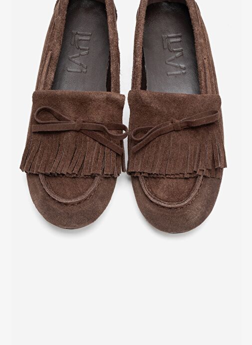 AXELI Açık Kahverengi Süet Hakiki Deri Fiyonklu Saçaklı Kadın Loafer Ayakkabı - Görsel 3