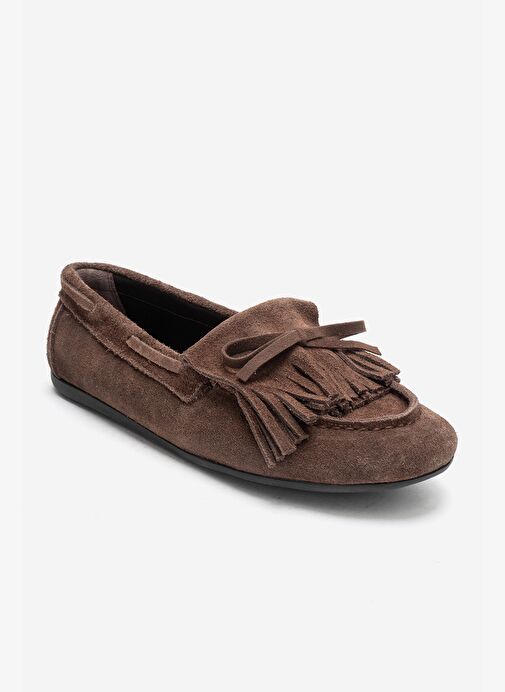 AXELI Açık Kahverengi Süet Hakiki Deri Fiyonklu Saçaklı Kadın Loafer Ayakkabı - Görsel 4
