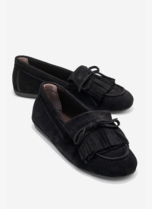 AXELI Siyah Süet Hakiki Deri Fiyonklu Saçaklı Kadın Loafer Ayakkabı - Görsel 2