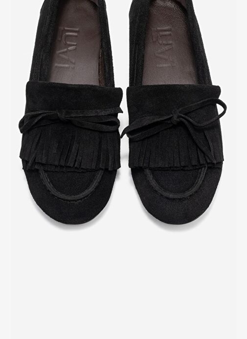 AXELI Siyah Süet Hakiki Deri Fiyonklu Saçaklı Kadın Loafer Ayakkabı - Görsel 3