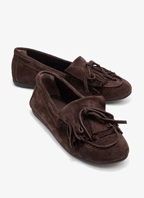 AXELI Kahverengi Süet Hakiki Deri Fiyonklu Saçaklı Kadın Loafer Ayakkabı - Görsel 2