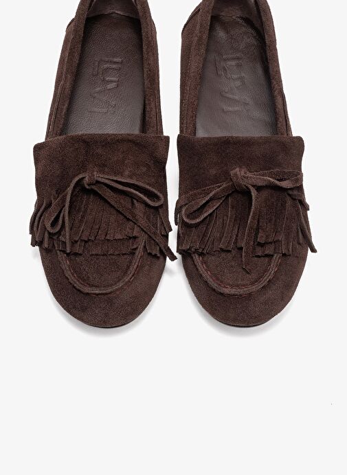 AXELI Kahverengi Süet Hakiki Deri Fiyonklu Saçaklı Kadın Loafer Ayakkabı - Görsel 3