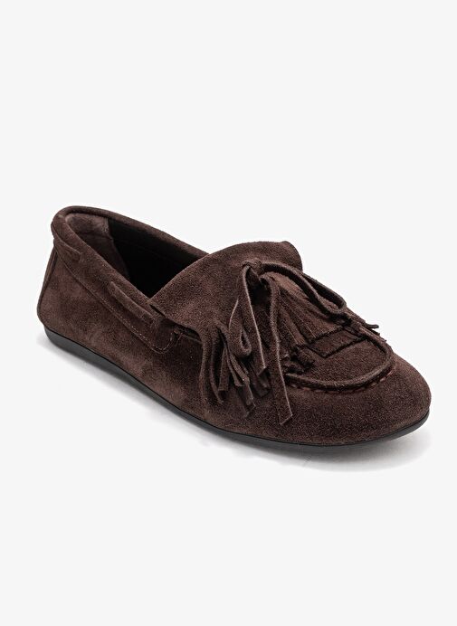 AXELI Kahverengi Süet Hakiki Deri Fiyonklu Saçaklı Kadın Loafer Ayakkabı - Görsel 4