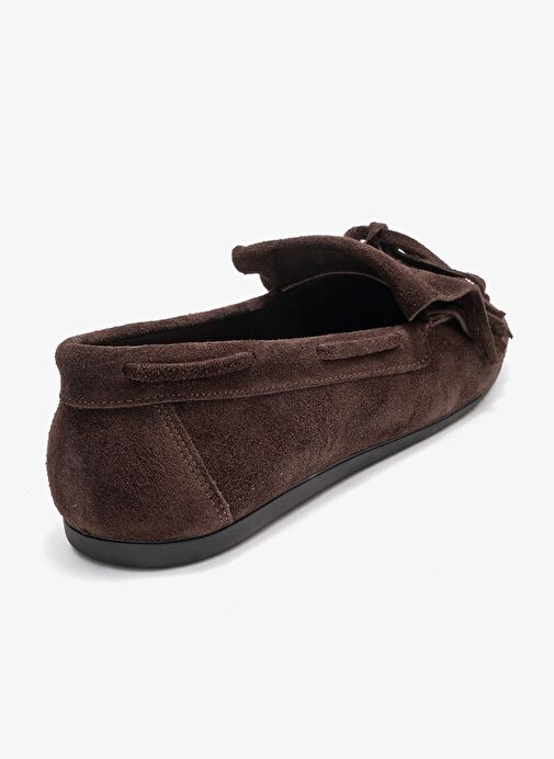 AXELI Kahverengi Süet Hakiki Deri Fiyonklu Saçaklı Kadın Loafer Ayakkabı - Görsel 6