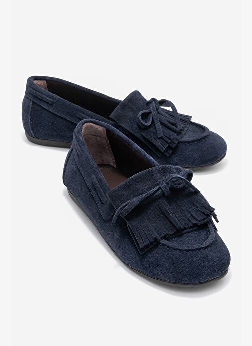 AXELI Lacivert Süet Hakiki Deri Fiyonklu Saçaklı Kadın Loafer Ayakkabı - Görsel 2
