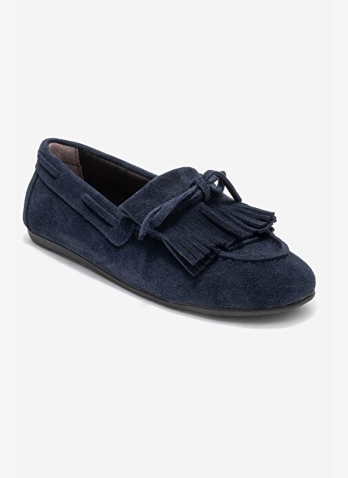 AXELI Lacivert Süet Hakiki Deri Fiyonklu Saçaklı Kadın Loafer Ayakkabı - Görsel 3