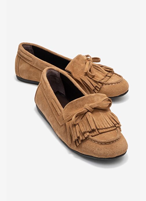 AXELI Toprak Süet Hakiki Deri Fiyonklu Saçaklı Kadın Loafer Ayakkabı - Görsel 2