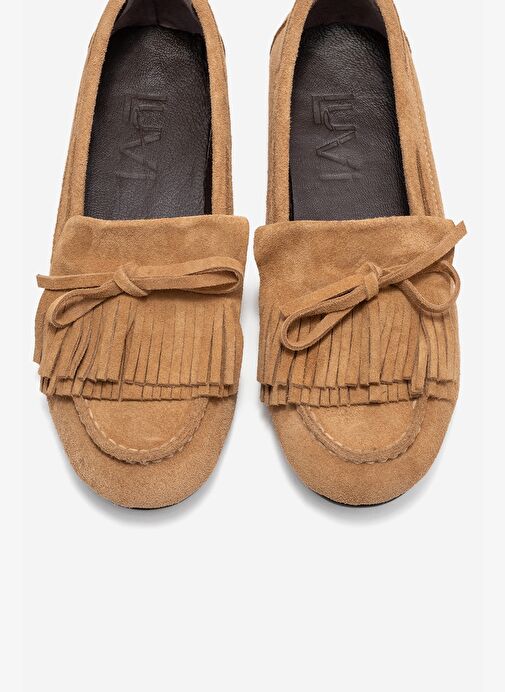 AXELI Toprak Süet Hakiki Deri Fiyonklu Saçaklı Kadın Loafer Ayakkabı - Görsel 3