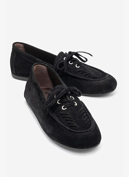 LORVEN Siyah Süet Hakiki Deri Bağcıklı Kadın Loafer Ayakkabı - Görsel 2