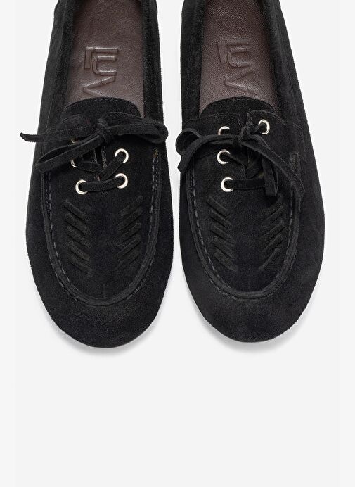 LORVEN Siyah Süet Hakiki Deri Bağcıklı Kadın Loafer Ayakkabı - Görsel 3