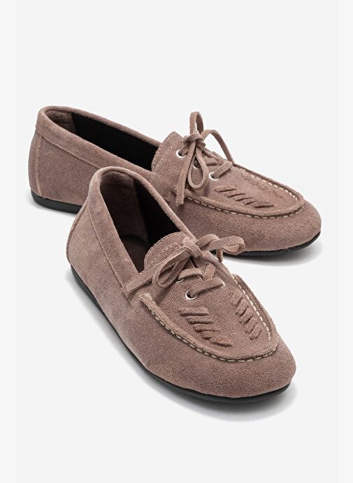 LORVEN Vizon Süet Hakiki Deri Bağcıklı Kadın Loafer Ayakkabı - Görsel 2