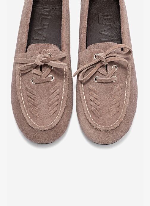 LORVEN Vizon Süet Hakiki Deri Bağcıklı Kadın Loafer Ayakkabı - Görsel 3