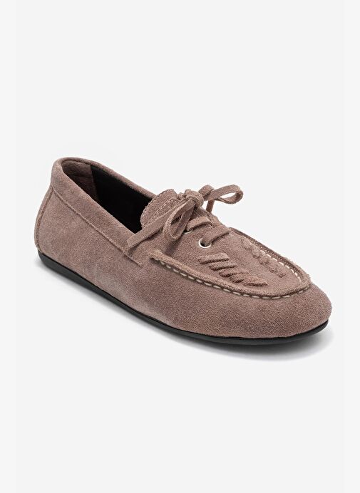 LORVEN Vizon Süet Hakiki Deri Bağcıklı Kadın Loafer Ayakkabı - Görsel 4