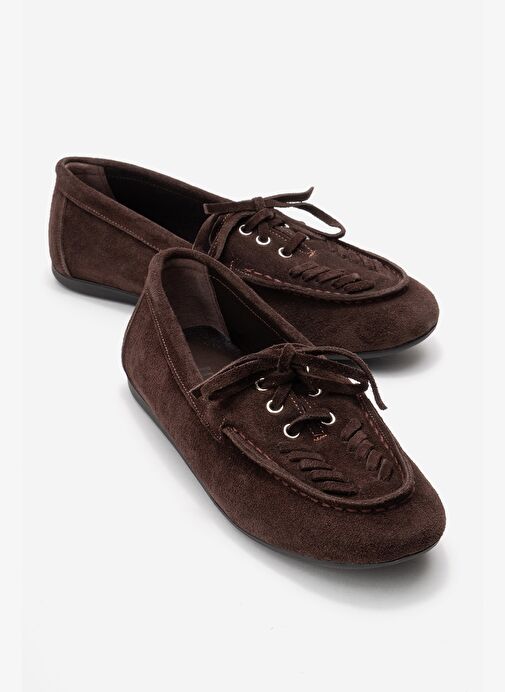 LORVEN Kahverengi Süet Hakiki Deri Bağcıklı Kadın Loafer Ayakkabı - Görsel 2
