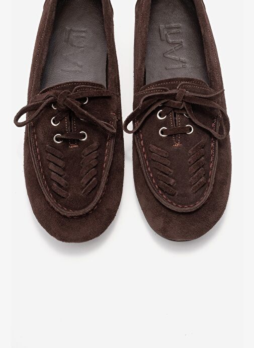 LORVEN Kahverengi Süet Hakiki Deri Bağcıklı Kadın Loafer Ayakkabı - Görsel 3