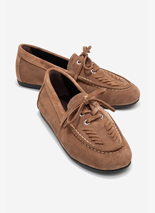LORVEN Toprak Süet Hakiki Deri Bağcıklı Kadın Loafer Ayakkabı - Görsel 2