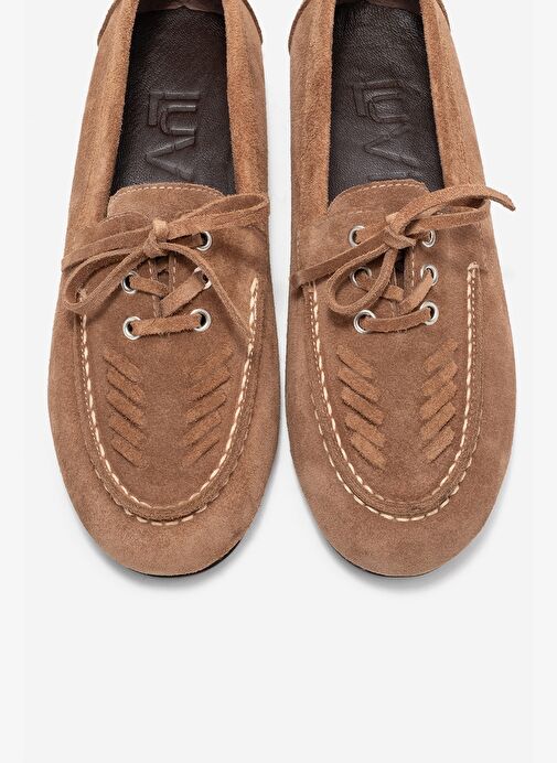 LORVEN Toprak Süet Hakiki Deri Bağcıklı Kadın Loafer Ayakkabı - Görsel 3