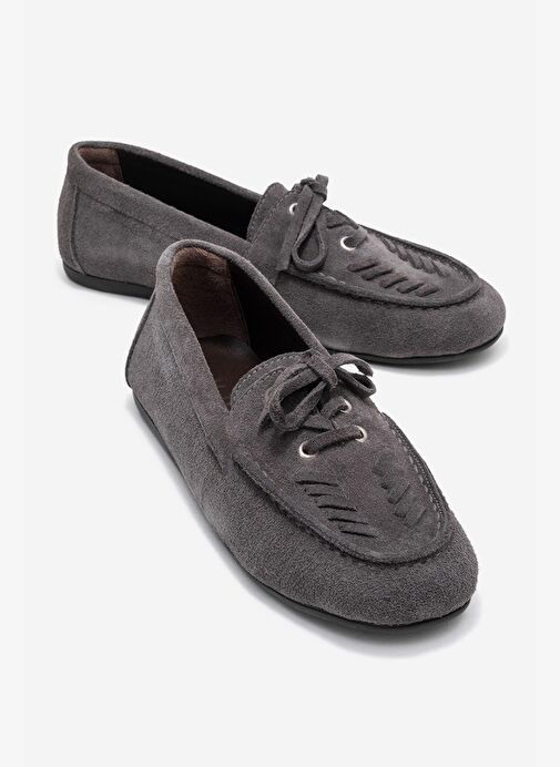 LORVEN Füme Süet Hakiki Deri Bağcıklı Kadın Loafer Ayakkabı - Görsel 2