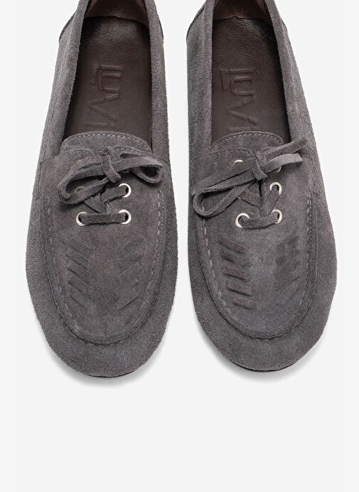 LORVEN Füme Süet Hakiki Deri Bağcıklı Kadın Loafer Ayakkabı - Görsel 3