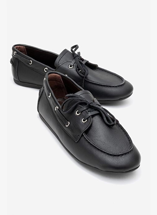 SERELIS Siyah Cilt Hakiki Deri Bağcıklı Kadın Loafer Ayakkabı - Görsel 2