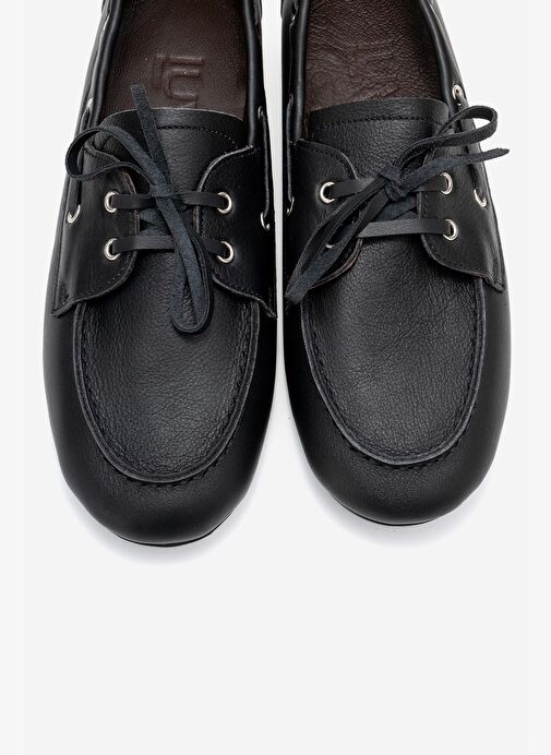 SERELIS Siyah Cilt Hakiki Deri Bağcıklı Kadın Loafer Ayakkabı - Görsel 3