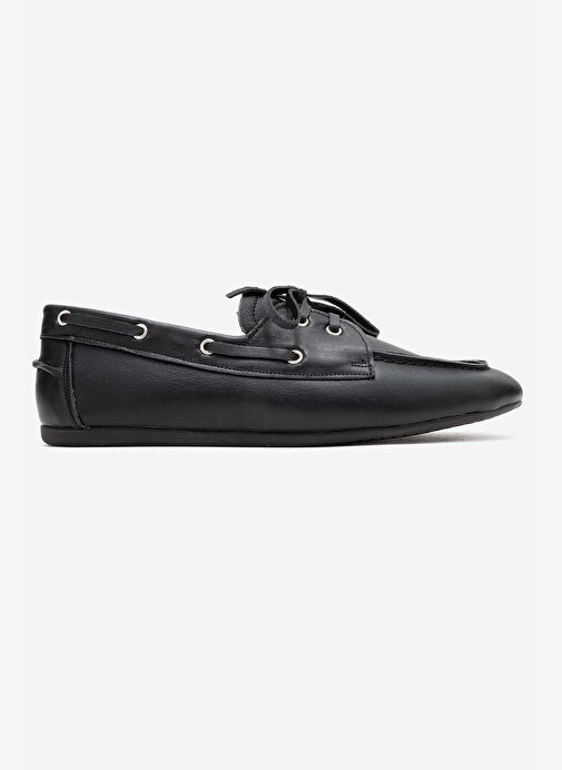 SERELIS Siyah Cilt Hakiki Deri Bağcıklı Kadın Loafer Ayakkabı - Görsel 7