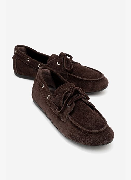 SERELIS Kahverengi Süet Hakiki Deri Bağcıklı Kadın Loafer Ayakkabı - Görsel 2