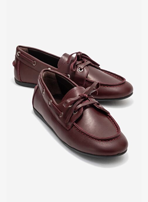 SERELIS Bordo Cilt Hakiki Deri Bağcıklı Kadın Loafer Ayakkabı - Görsel 2