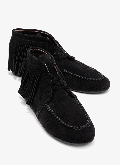 RAUX Siyah Süet Hakiki Deri Saçaklı Kadın Bilekte Bot - Görsel 2