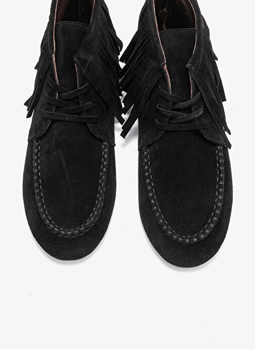 RAUX Siyah Süet Hakiki Deri Saçaklı Kadın Bilekte Bot - Görsel 3