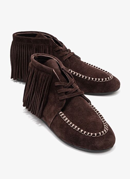 RAUX Kahverengi Süet Hakiki Deri Saçaklı Kadın Bilekte Bot - Görsel 2