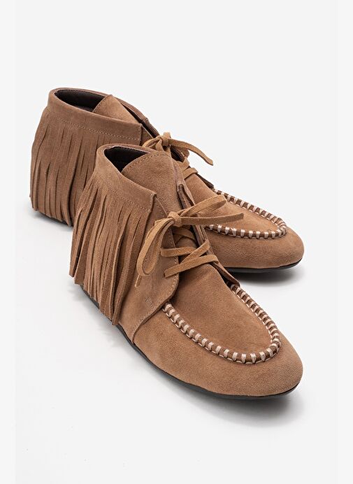 RAUX Toprak Süet Hakiki Deri Saçaklı Kadın Bilekte Bot - Görsel 2