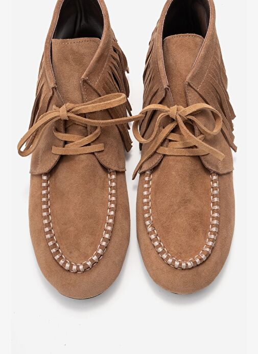 RAUX Toprak Süet Hakiki Deri Saçaklı Kadın Bilekte Bot - Görsel 3