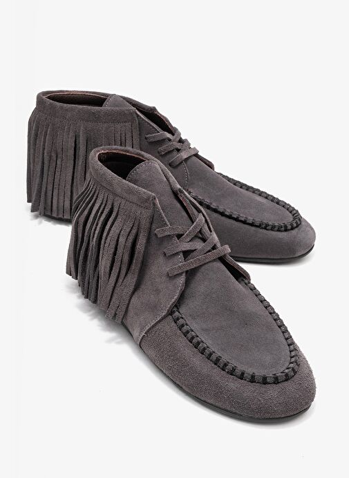 RAUX Füme Süet Hakiki Deri Saçaklı Kadın Bilekte Bot - Görsel 2