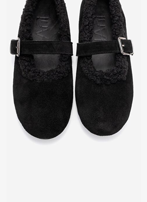 GUIN Siyah Süet Hakiki Deri Peluş Detaylı Kemerli Kadın Babet Ayakkabı - Görsel 3