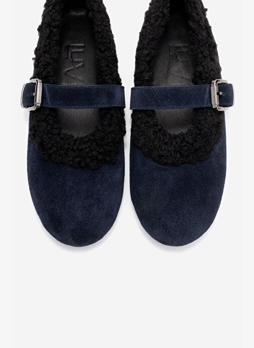 GUIN Lacivert Süet Hakiki Deri Peluş Detaylı Kemerli Kadın Babet Ayakkabı - Görsel 3